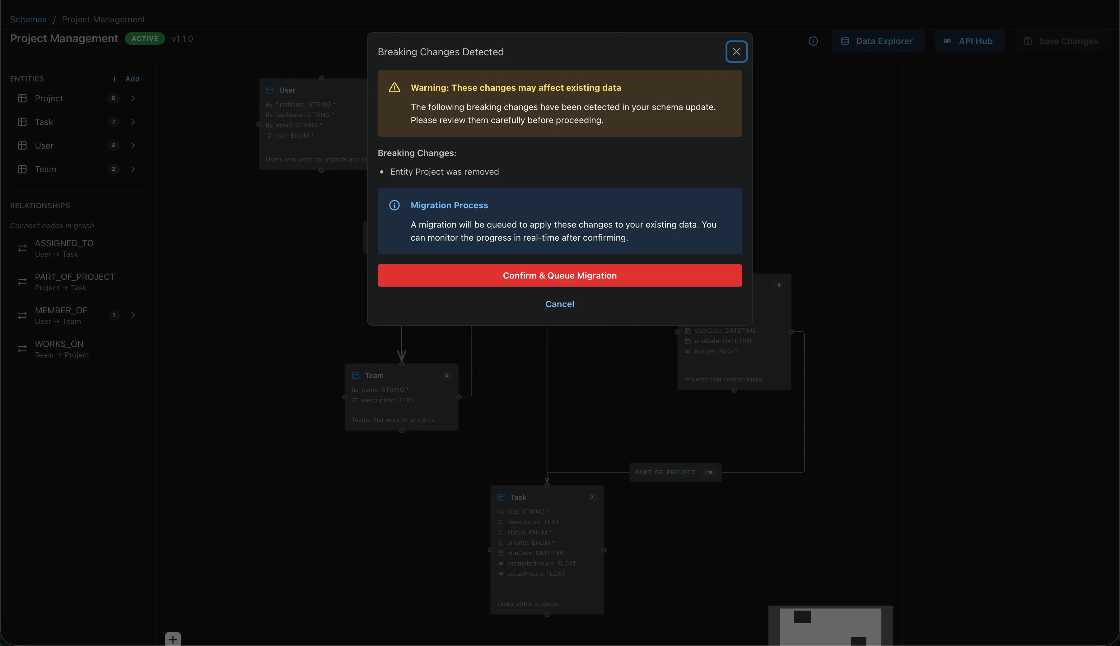 Breaking changes dialog showing migration options