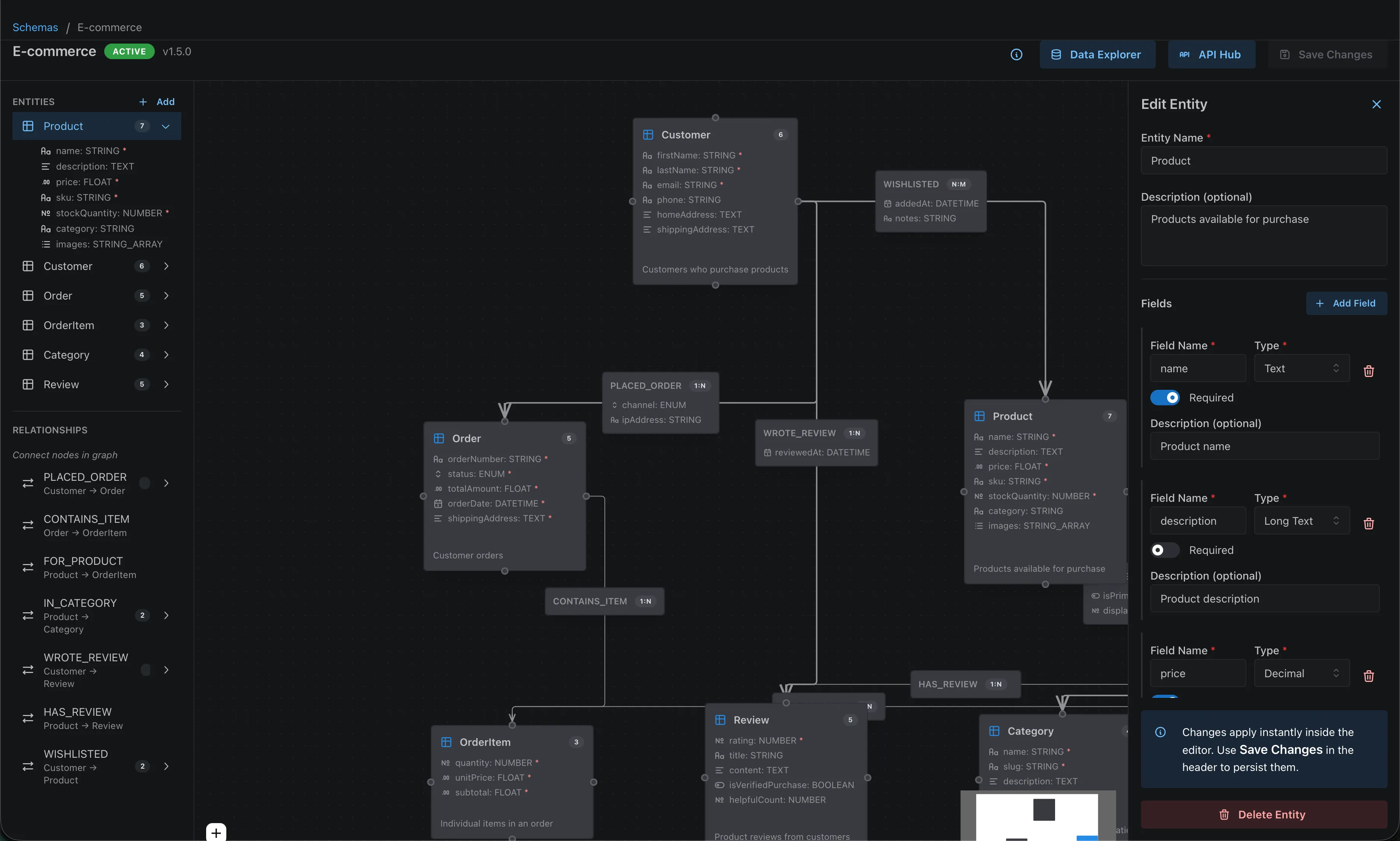 Schema editor showing relationship connections